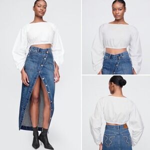 NWT‎ Gap x Cult Gaia Ruched Cropped Top SMALL White Adjustable Hem Long Sleeve